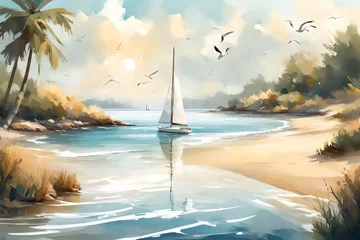 Rolgordijnen A serene coastal inlet, where calm waters gently lap against sandy shores. A lone sailboat glides silently on the horizon, its sails filled with a gentle breeze.  © AQ Arts