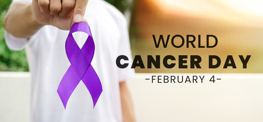 World cancer day, lavender purple ribbon to support people living with cancer. Raise awareness of all types of cancer. Healthcare and medical concept.