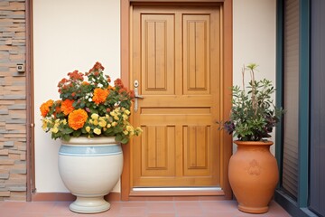 Fototapeta na wymiar ornate wooden door with terracotta pot floral arrangement