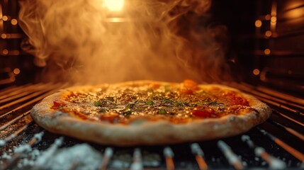 Pizza being placed in a preheated oven, capturing the anticipation and transformation as the pizza bakes to perfection