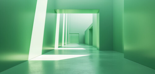 A vibrant green minimalist corridor with a play of light and shadows.