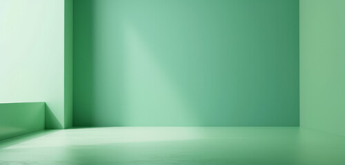 Spacious green minimalist room with soft light and shadows.