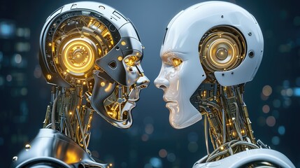two intricate robotic heads, one dark and one white, facing each other against a backdrop of blurred lights, generative ai