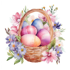 Fototapeta na wymiar Easter basket with eggs and beautiful flowers isolated on a white background. Colorful watercolor illustrations for greeting cards for the Easter holiday and more. Cute basket decorated with flowers.