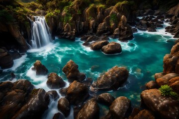 An enchanting coastal scene, where rugged cliffs meet the crashing waves of the sea. Amongst the rocks, a picturesque waterfall emerges, gently flowing into a sparkling pool.  - Powered by Adobe