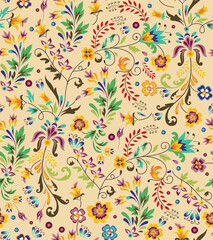 allover yellow orange and pink vector small flower Pattern on cream background