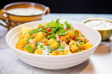 side view of aloo gobi with yogurt dip