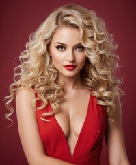 Sensual beautiful blonde woman posing in red dress