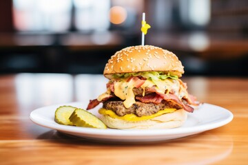 bacon cheeseburger with pickles and mustard on bun