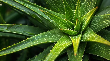 Aloe vera plant closeup with fresh green leaves. The concept of using herbal ingredients in pharmacological and cosmetological.