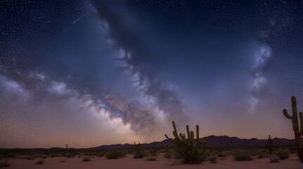 Night starry sky with clouds and cactuses in the desert
