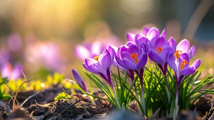 Spring background with lilac flowers crocuses.