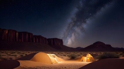 Illustration of a tent in the desert with a milky way