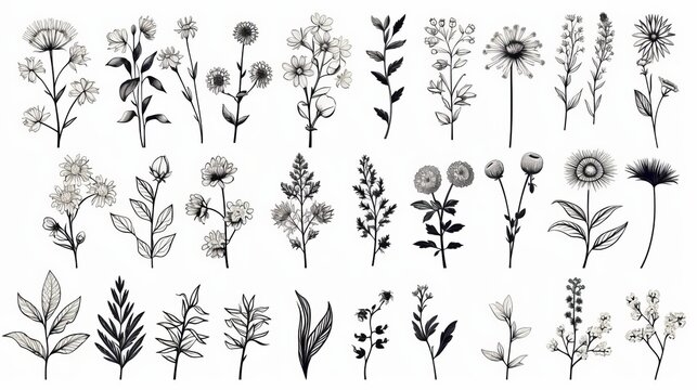 Hand drawn flowers and herbs. Botanical plant illustration. set of ink hand drawn medicinal herbs and plants sketch