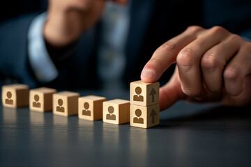 A businessman moves cubes with the image of employees, career advancement promotion