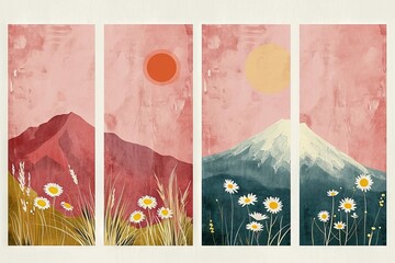 Minimalist abstract colorful clipart print set with mountains, sun, daisies. Softly organic simple lined bold shaped charming tiny core print vector style. Great as web banner, poster design.