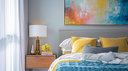 Modern bedroom interior with bed, bedside table
 , and a painting on the wall in a contemporary style. Banner for providing interior design development services. 
