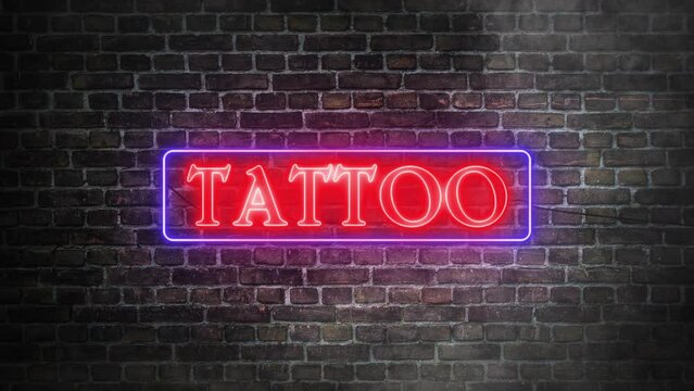 Tattoo shop neon signboard on bricks wall background. Blue frame neon. Concept of storefront. Signboard of tattoo shops.