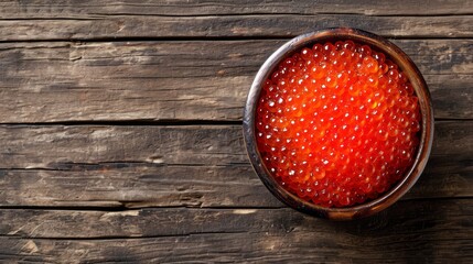 Red caviar in a plate on a wooden table, top view.