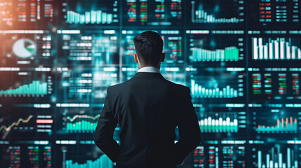 Back of a businessman in front of professional key performance indicator KPI metrics dashboard with screens and charts for sales and business results evaluation and KPI review
