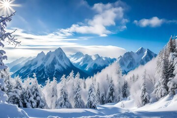 Obraz premium A peaceful, snow-covered mountain range, where the peaks glisten under the winter sun. The pure white snow blankets the landscape, muffling sound and creating a serene ambiance. 