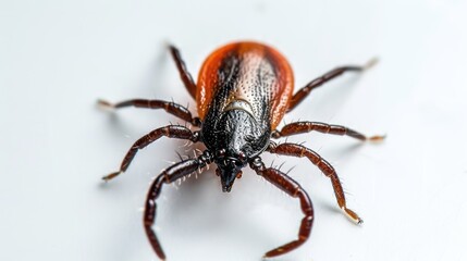 Fototapeta premium Tick on a white background: The concept serves both as a means of preventing tick bites in spring and as an educational tool for bite prevention.