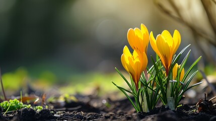 Spring background with yellow flowers crocuses.