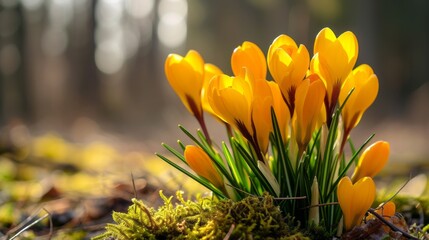 Spring background with yellow flowers crocuses.