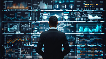 Back of a businessman in front of professional key performance indicator KPI metrics dashboard with screens and charts for sales and business results evaluation and KPI review - Powered by Adobe