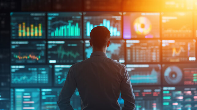Back of a businessman in front of professional key performance indicator KPI metrics dashboard with screens and charts for sales and business results evaluation and KPI review