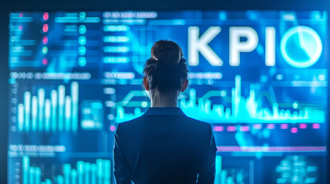 Back of a businesswoman in front of professional key performance indicator KPI metrics dashboard with screens and charts for sales and business results evaluation and KPI letters written