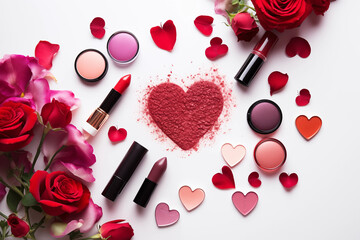 Valentine's Day mockup decorative cosmetics lipstick, eyeshadow - obrazy, fototapety, plakaty