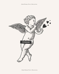Cute Cupid with flying hearts. Curly Amur in engraving style. God of love and romance. Mythological antique character on a light background. - 715360037