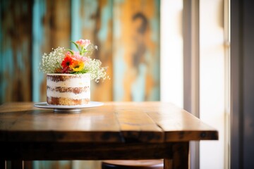 cake on rustic wood table, natural light