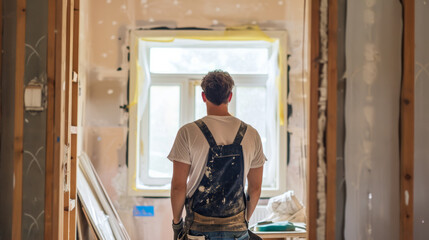Back view of a man contractor at work inside a home for renovation and refurbishment project , complete energy efficiency renovation concept image - obrazy, fototapety, plakaty