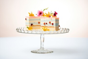 cake displayed on a glass stand, light background