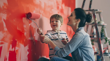 Mother and son engaged in home room wall painting using paint roller , family doing DIY energy efficiency renovation work of their house