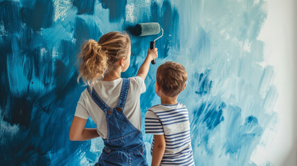 Kids siblings engaged in home room wall painting using paint roller , family doing DIY energy efficiency renovation work of their house