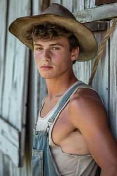Portrait of a hunky young male farmhand wearing overalls