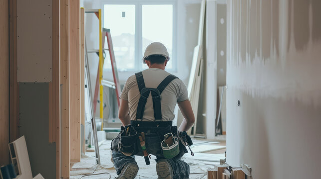 Back view of a man contractor at work inside a home for renovation and refurbishment project , complete energy efficiency renovation concept image