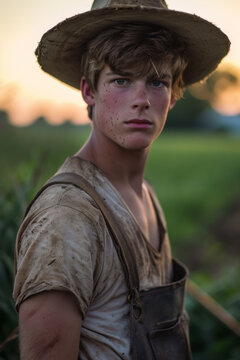 Portrait of a hunky young male farmhand wearing overalls