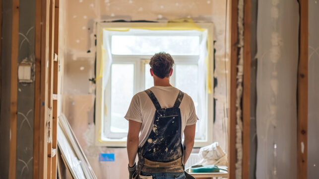 Back view of a man contractor at work inside a home for renovation and refurbishment project , complete energy efficiency renovation concept image