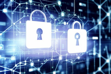 Motion graphic of Blue digital security shield logo and circle futuristic HUD elements with flowing arrows with network firewall technology and data secure concepts on abstract background