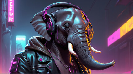 An Afrofuturistic Elephant in Synthwave Style by Alex Petruk AI GENERATED - obrazy, fototapety, plakaty