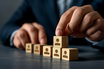 A businessman moves cubes with the image of employees, career advancement promotion