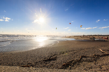 Beach in Marina di Ravenna with Kitesurfer