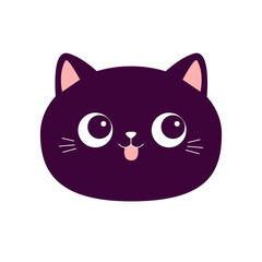 Cat round icon. Smiling face head. Cute cartoon smiling character. Kawaii pet animal. Black silhouette. Pink ears, nose, tongue. Sticker print. Flat design. White background. Isolated.