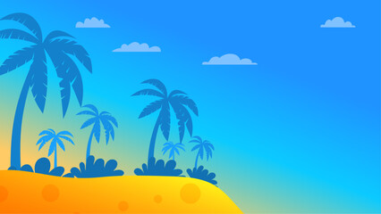 Blue orange and yellow summer background style vector illustration. Summer background with beach, flower, floral, coconut, leaf, and sun
