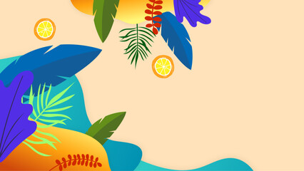 Fototapeta na wymiar Colorful colourful vector illustration summer beach background. Summer background with beach, flower, floral, coconut, leaf, and sun