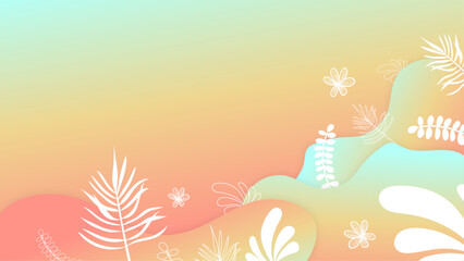 Orange blue and white vector hello summer background design with abstract tropical leaves and flower. Summer background with beach, flower, floral, coconut, leaf, and sun